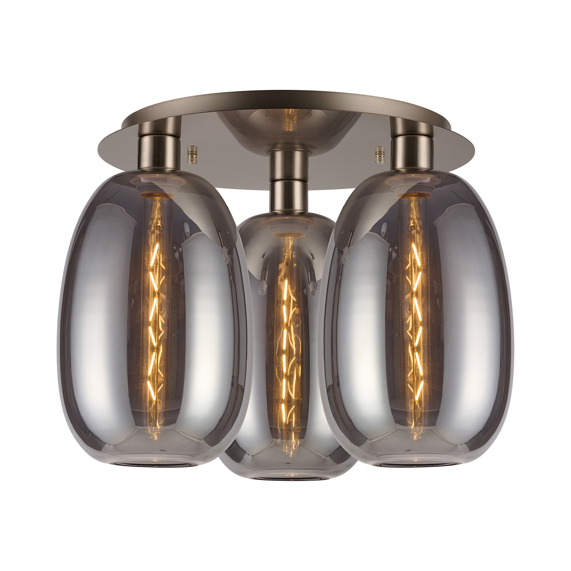 DK1426  Lori 40cm Round Ceiling Flush, 3 Light Flush Fitting, Satin Nickel/Smoke Slim Curved Trapezium Shades